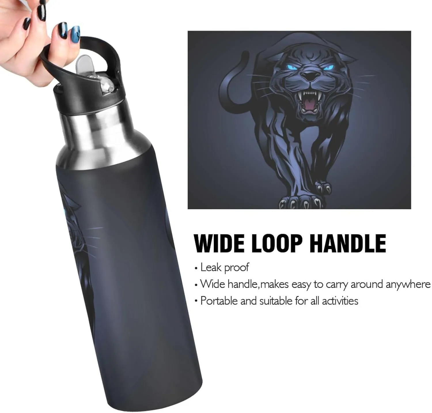 senya 20 Oz Water Bottle with Straw Roaring Panther Stainless Steel Water Bottle for Traveling Sports Leakproof Insulated