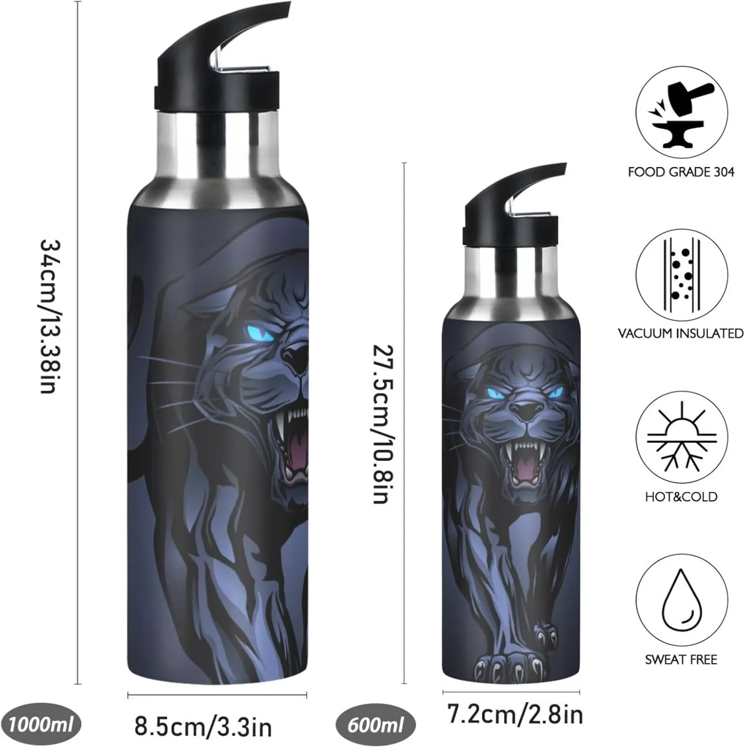 senya 20 Oz Water Bottle with Straw Roaring Panther Stainless Steel Water Bottle for Traveling Sports Leakproof Insulated