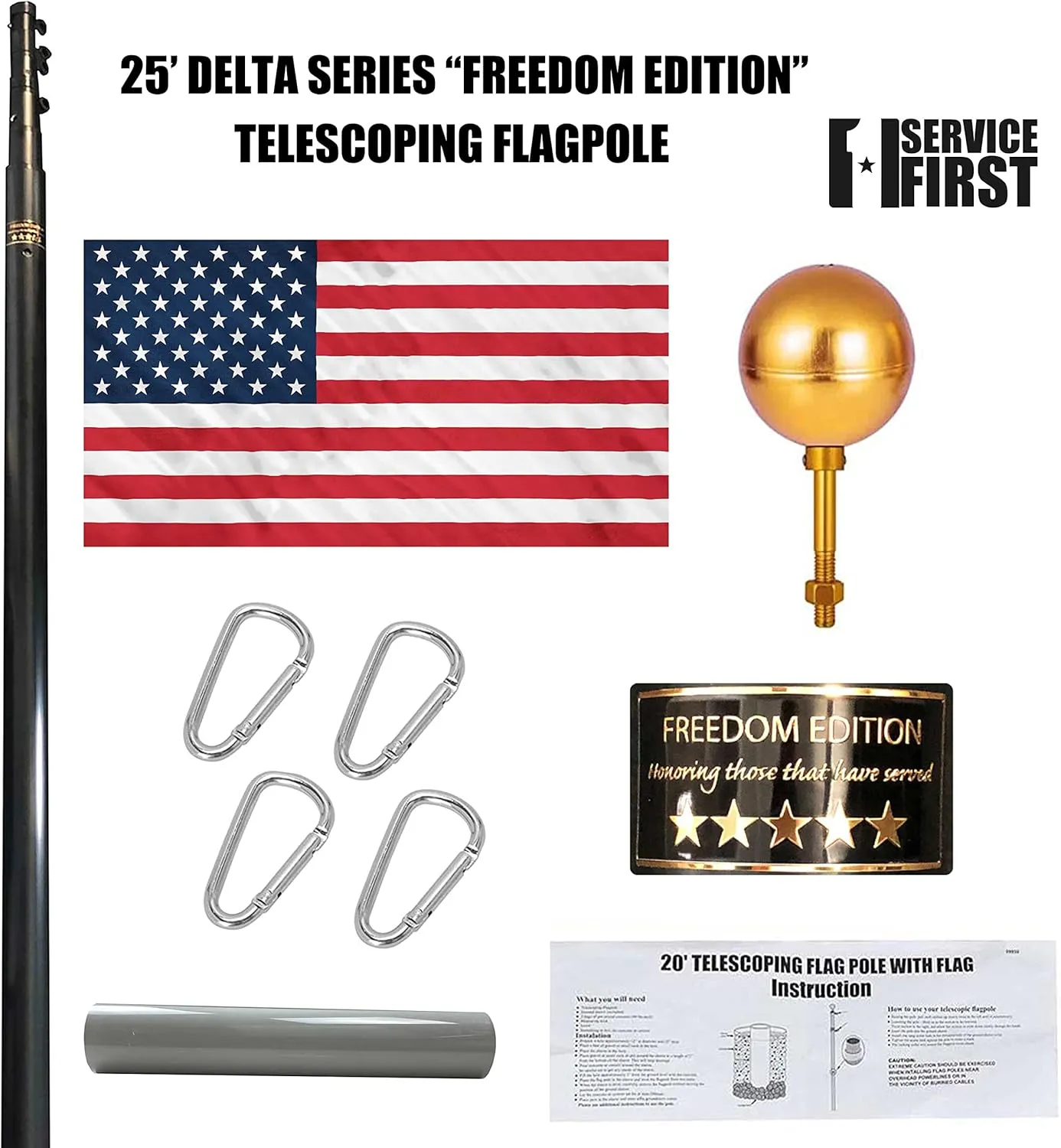 Service First Black Heavy Duty 25FT Telescoping Freedom Edition Residential Flagpole Kit - Anti Tangle Swivel Ring Design - Stainless Steel Clips - 100MPH Wind Tested