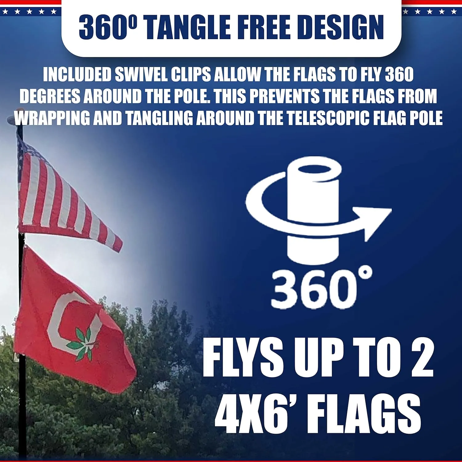Service First Black Heavy Duty 25FT Telescoping Freedom Edition Residential Flagpole Kit - Anti Tangle Swivel Ring Design - Stainless Steel Clips - 100MPH Wind Tested