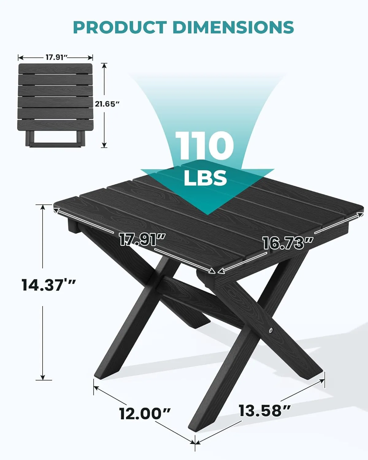 SERWALL Folding Outdoor Side Table, HDPE Adirondack Side Table, Portable Outdoor End Table, Black