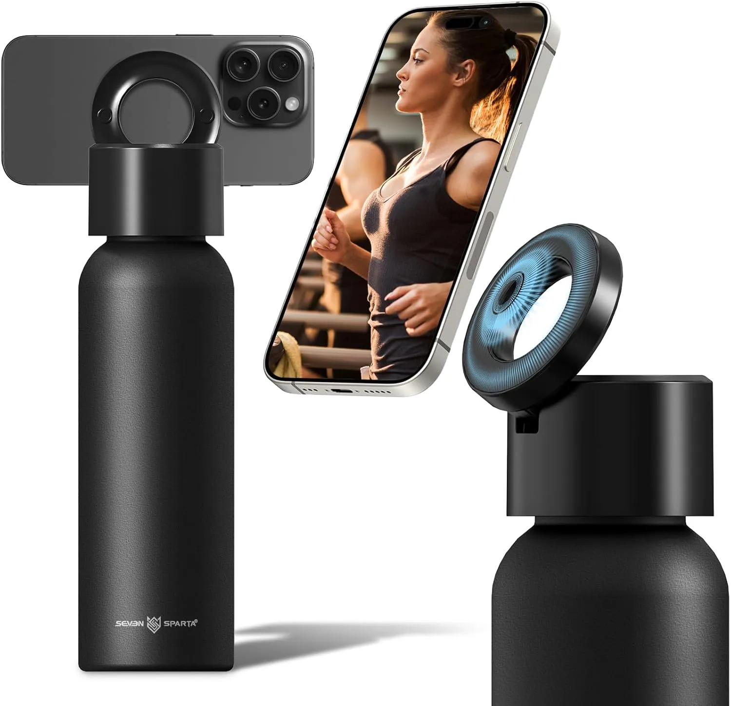 SEVEN SPARTA Insulated Water Bottle Compatible with Magsafe Holder, Magnetic Water Bottle Stainless Steel Water Cup Phone Mount Flask Leak-Proof Hot 12H Cold 24H Hot Car Cup Holder 25oz Black