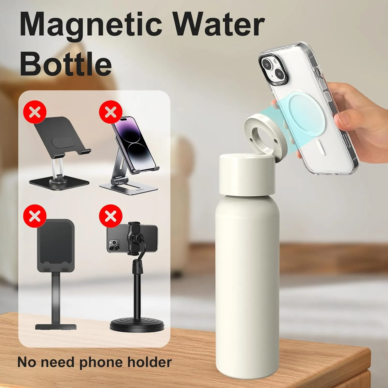 SEVEN SPARTA Insulated Water Bottle Compatible with Magsafe Holder, Magnetic Water Bottle Stainless Steel Water Cup Phone Mount Flask Leak-Proof Hot 12H Cold 24H Hot Car Cup Holder 25oz Black