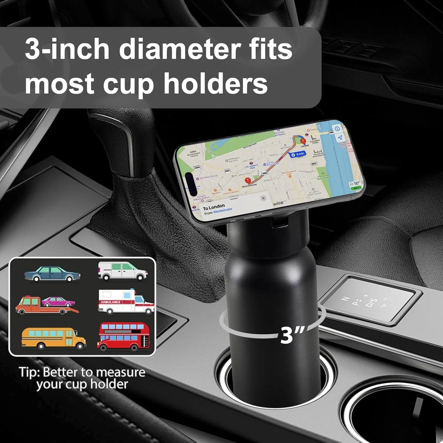 SEVEN SPARTA Insulated Water Bottle Compatible with Magsafe Holder, Magnetic Water Bottle Stainless Steel Water Cup Phone Mount Flask Leak-Proof Hot 12H Cold 24H Hot Car Cup Holder 25oz Black