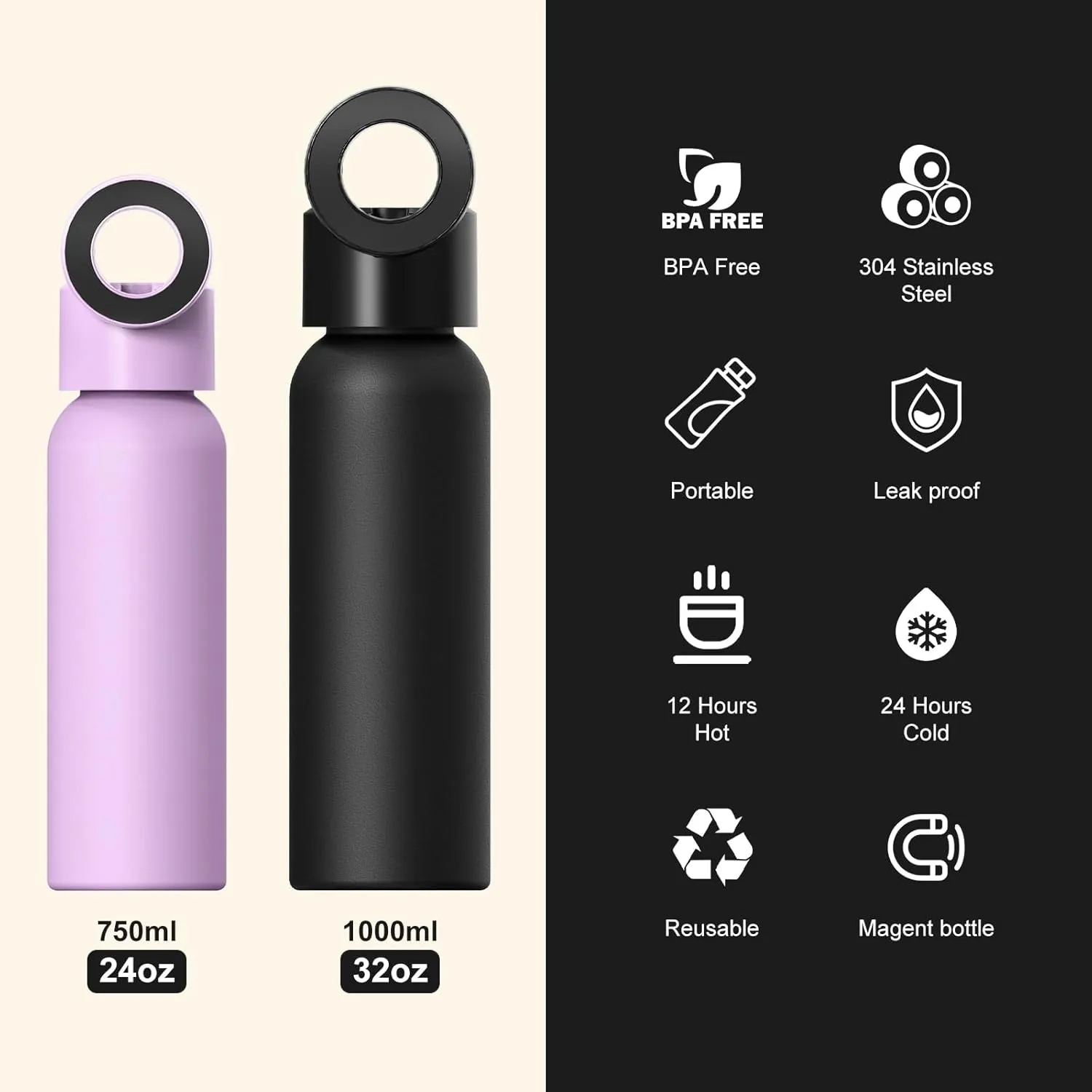 SEVEN SPARTA Insulated Water Bottle Compatible with Magsafe Holder, Magnetic Water Bottle Stainless Steel Water Cup Phone Mount Flask Leak-Proof Hot 12H Cold 24H Hot Car Cup Holder 25oz Black