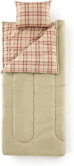 Shavel Durable & Luxurious Sleepover Solution Traveling, Camping, Hiking Sleeping Bag 66 x90, Printed Mini Pillow 14 x18 - Carlton Plaid Tan
