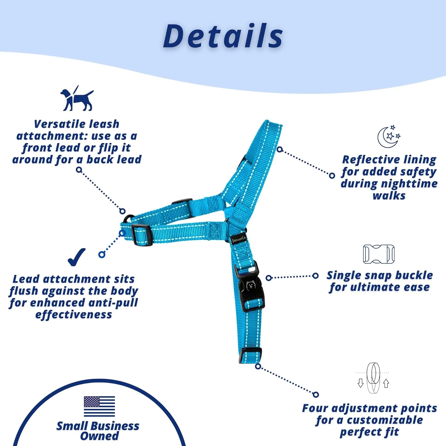 ShawnCo Dream Walk Pro Dog Harness- No-Pull, Comfortable, Adjustable, Easy to Use Pet Halter to Help Stop Pulling for Small, Medium and Large Dogs (Oceanic Blue, Medium)