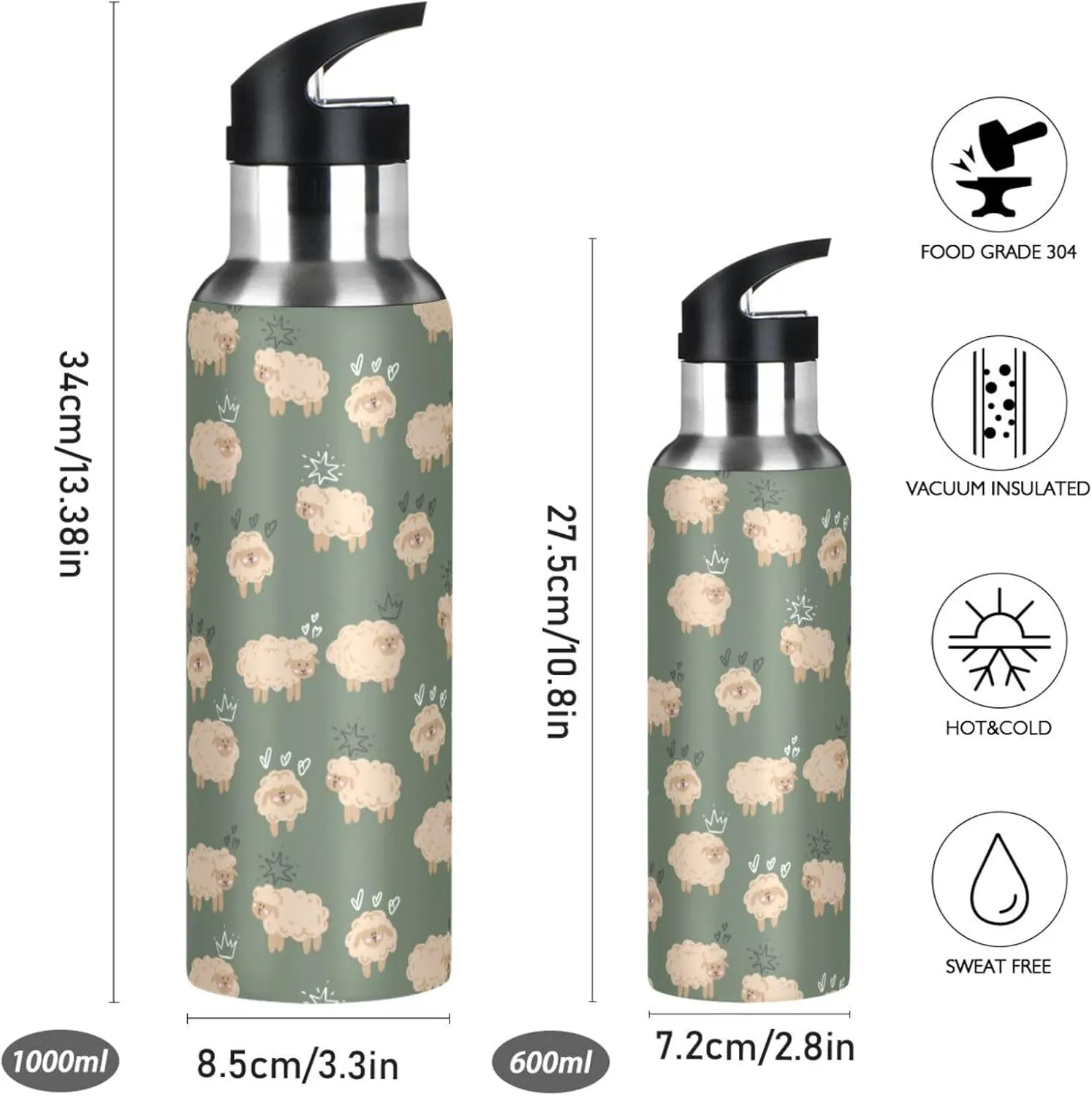Sheep Animals Water Bottle with Straw Lid Double Wall Colorful Thermos Bottle Vacuum Insulated Flask Stainless Steel Water Bottle for Gym Outdoor 35 OZ