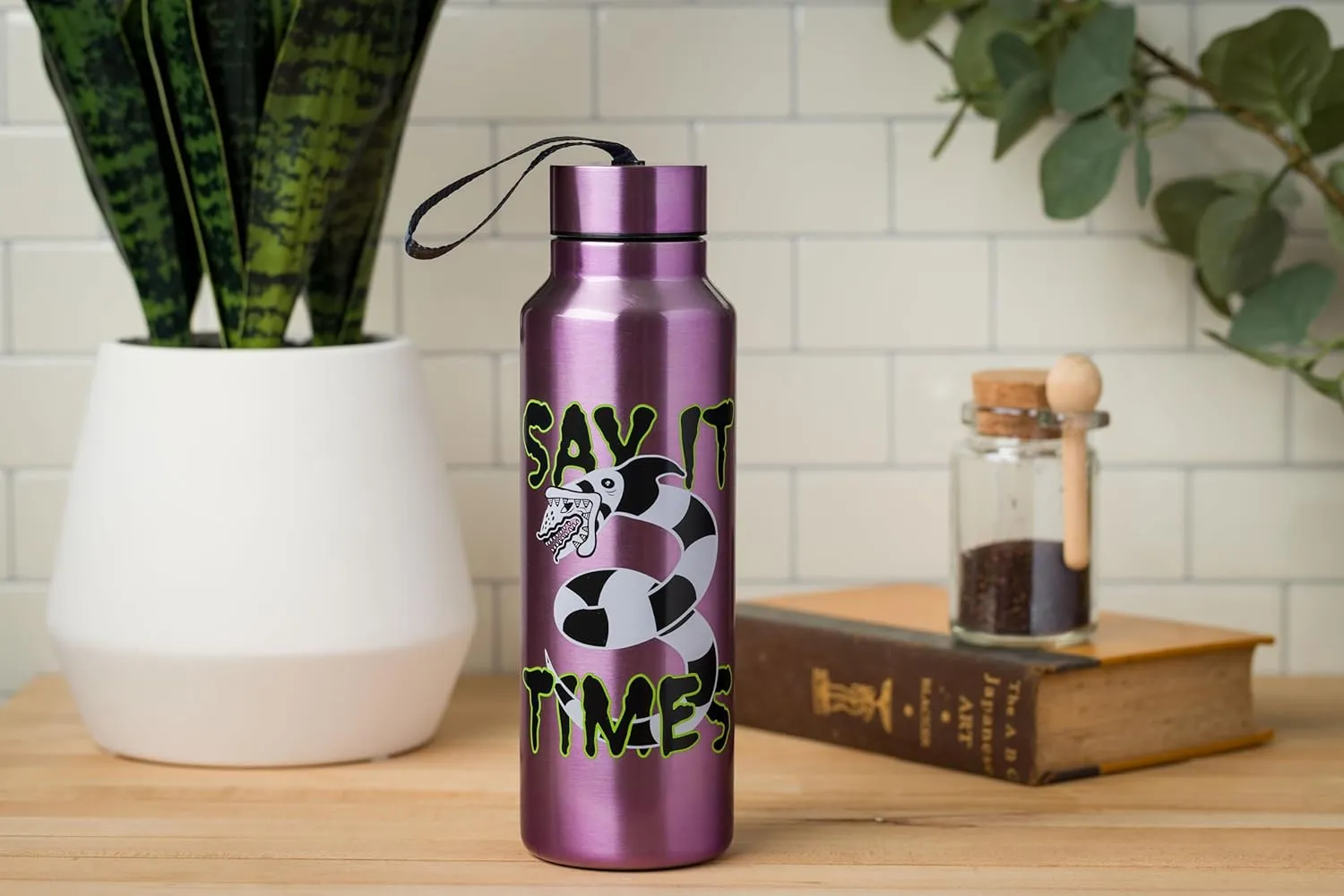 Silver Buffalo Beetlejuice “Say it three times” Stainless Steel Water Bottle with Strap Featuring Sandworm, 27 Ounces