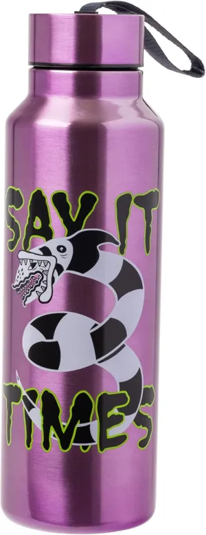 Silver Buffalo Beetlejuice “Say it three times” Stainless Steel Water Bottle with Strap Featuring Sandworm, 27 Ounces
