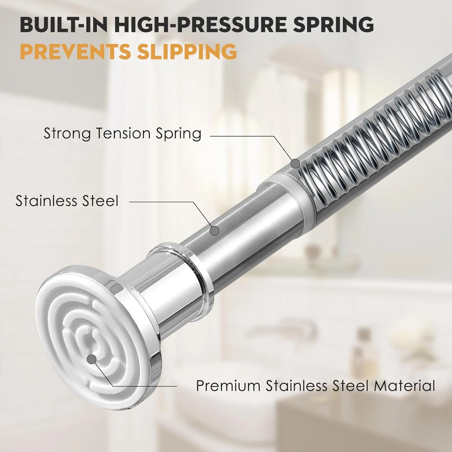 Silver Long Curtain RodTension Shower Curtain Rods 30 to 124 inch Adjustable Spring Heavy Duty Rods for Bathroom Windows Outdoor No Drill No Slip Stainless Steel
