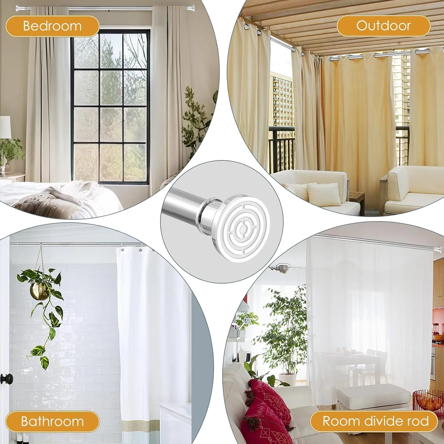 Silver Long Curtain RodTension Shower Curtain Rods 30 to 124 inch Adjustable Spring Heavy Duty Rods for Bathroom Windows Outdoor No Drill No Slip Stainless Steel