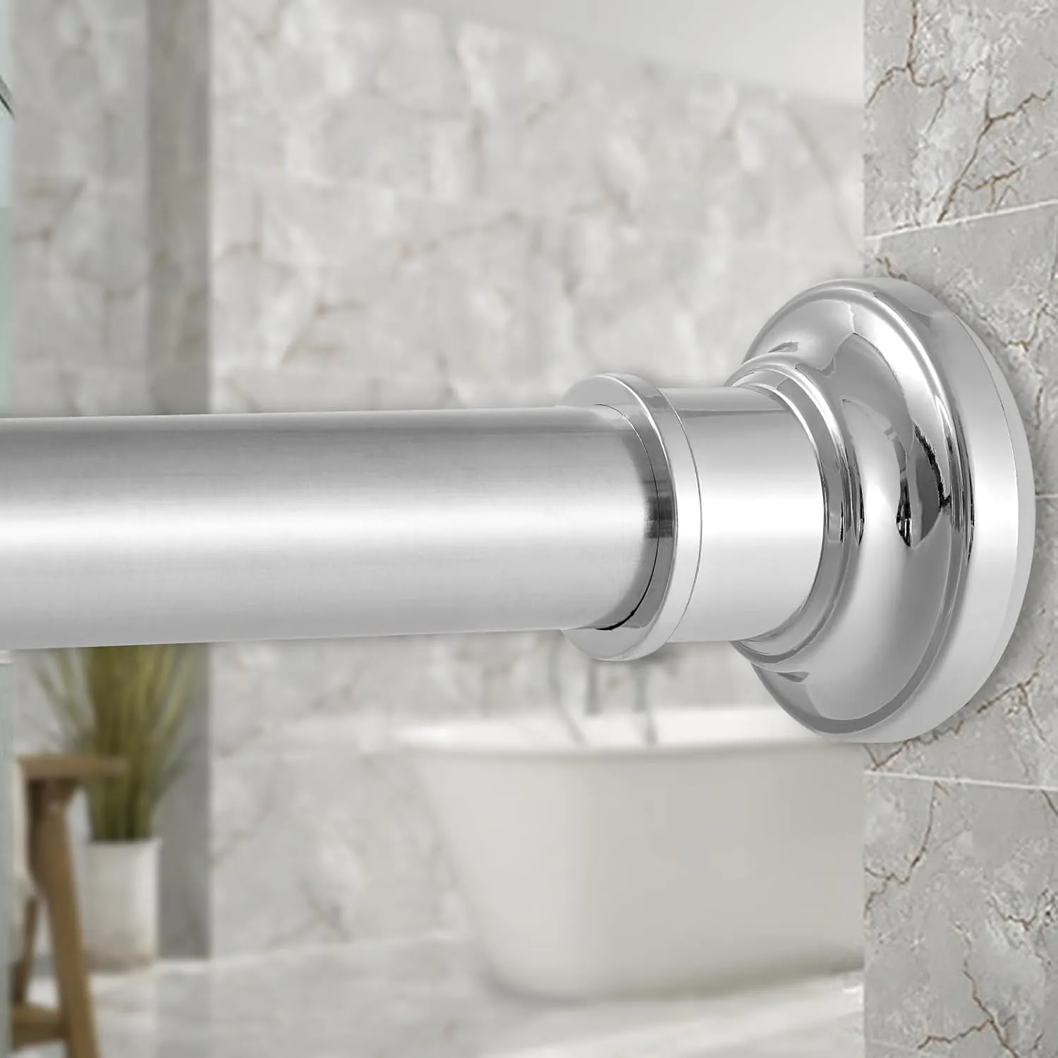 Silver Long Curtain RodTension Shower Curtain Rods 30 to 124 inch Adjustable Spring Heavy Duty Rods for Bathroom Windows Outdoor No Drill No Slip Stainless Steel