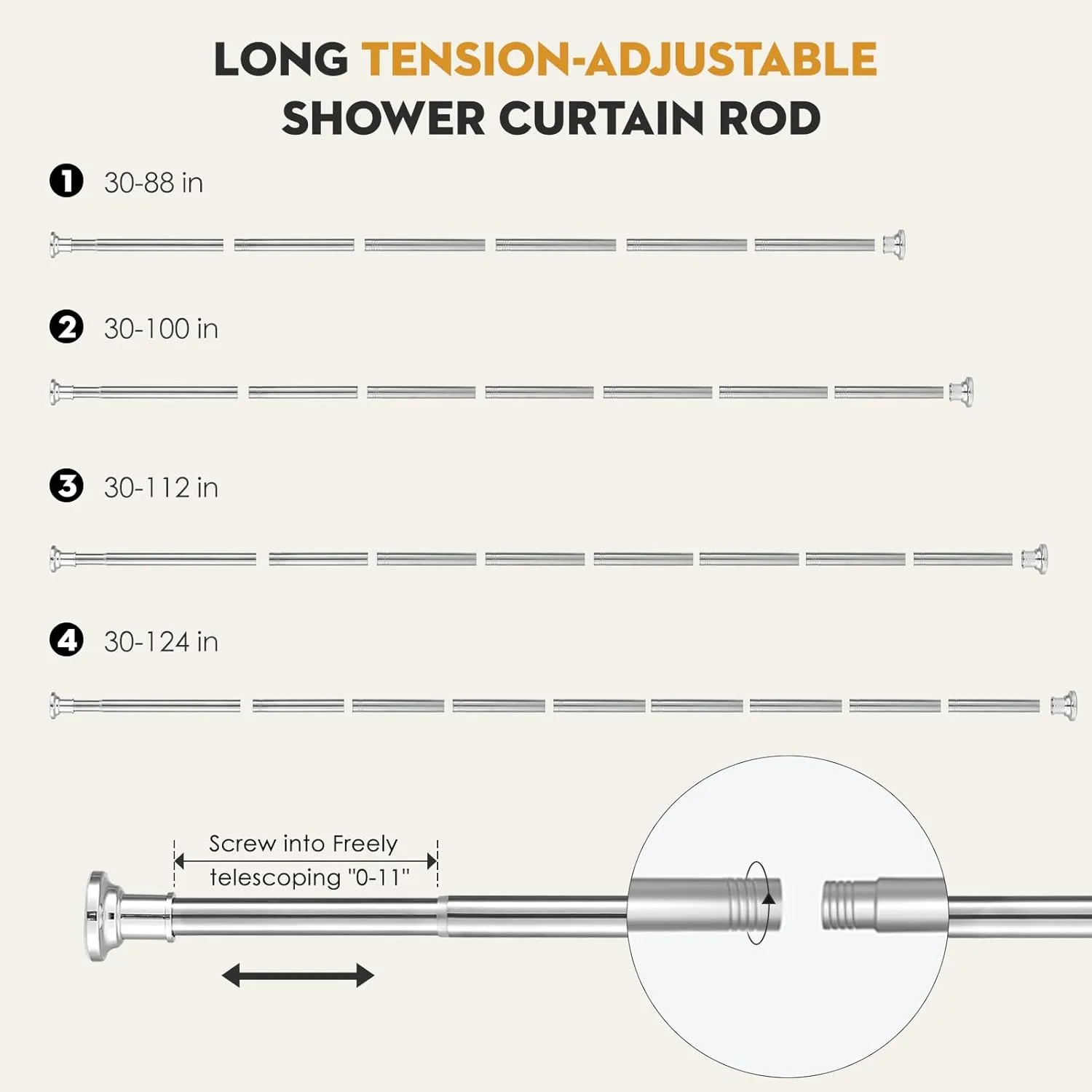 Silver Long Curtain RodTension Shower Curtain Rods 30 to 124 inch Adjustable Spring Heavy Duty Rods for Bathroom Windows Outdoor No Drill No Slip Stainless Steel