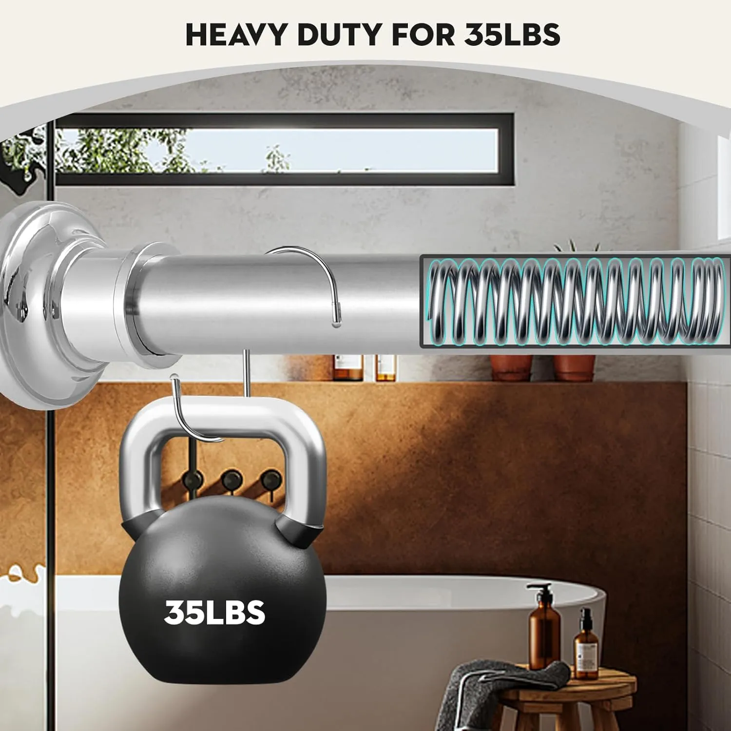 Silver Long Curtain RodTension Shower Curtain Rods 30 to 124 inch Adjustable Spring Heavy Duty Rods for Bathroom Windows Outdoor No Drill No Slip Stainless Steel