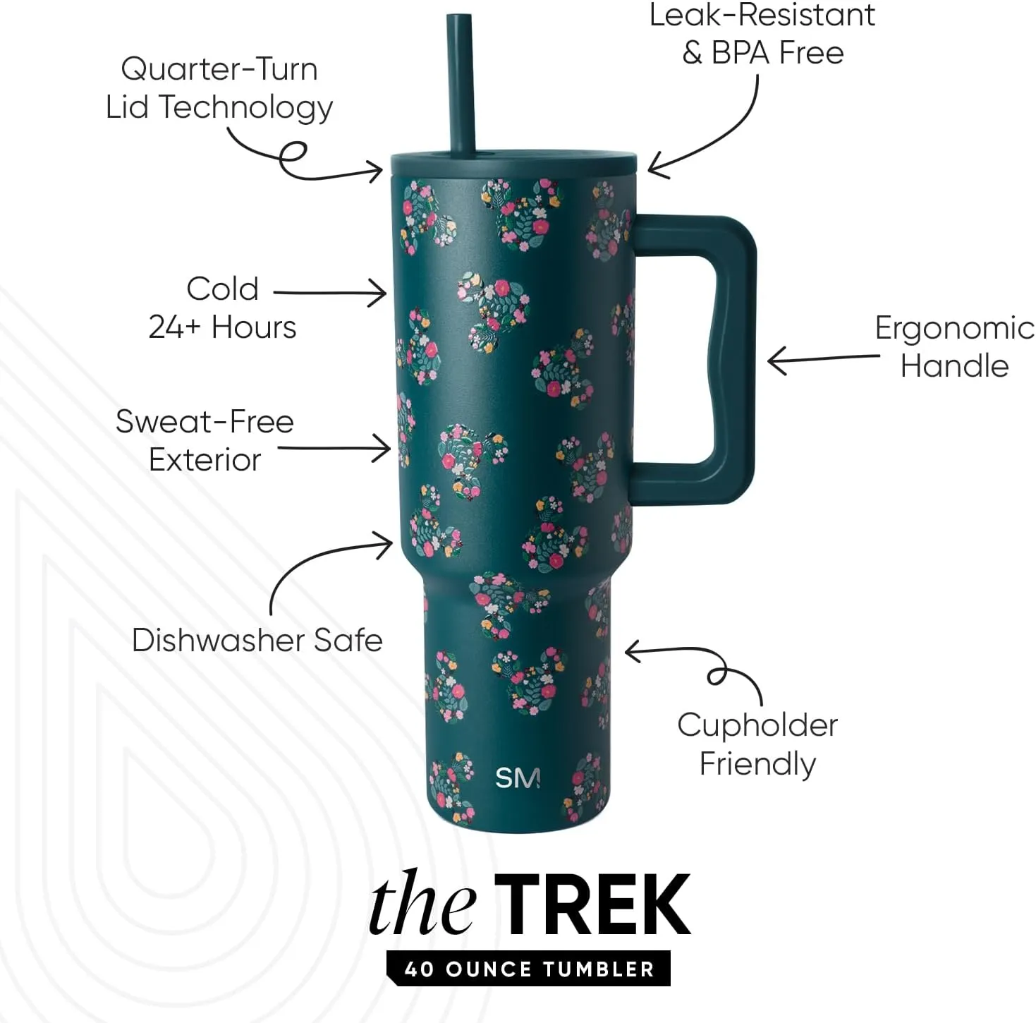 Simple Modern Disney 40 oz Tumbler with Handle and Straw Lid | Insulated Reusable Stainless Steel Water Bottle Travel Mug | Gifts for Women Her | Trek Collection | 40oz | Mickey Mouse Floral Riptide