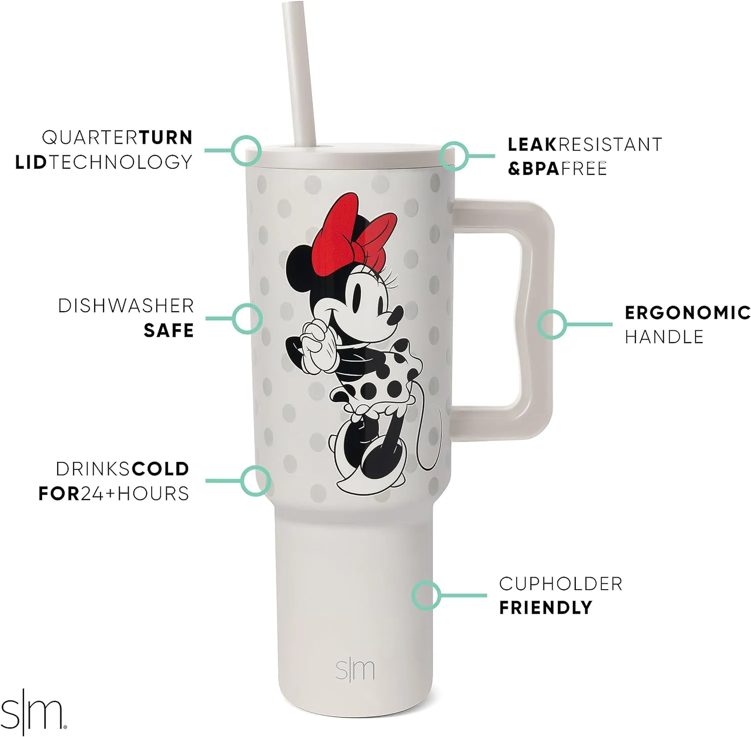 Simple Modern Disney 40 oz Tumbler with Handle and Straw Lid | Insulated Reusable Stainless Steel Water Bottle Travel Mug | Gifts for Women Men Him Her | Trek Collection | 40oz | Minnie Mouse Love
