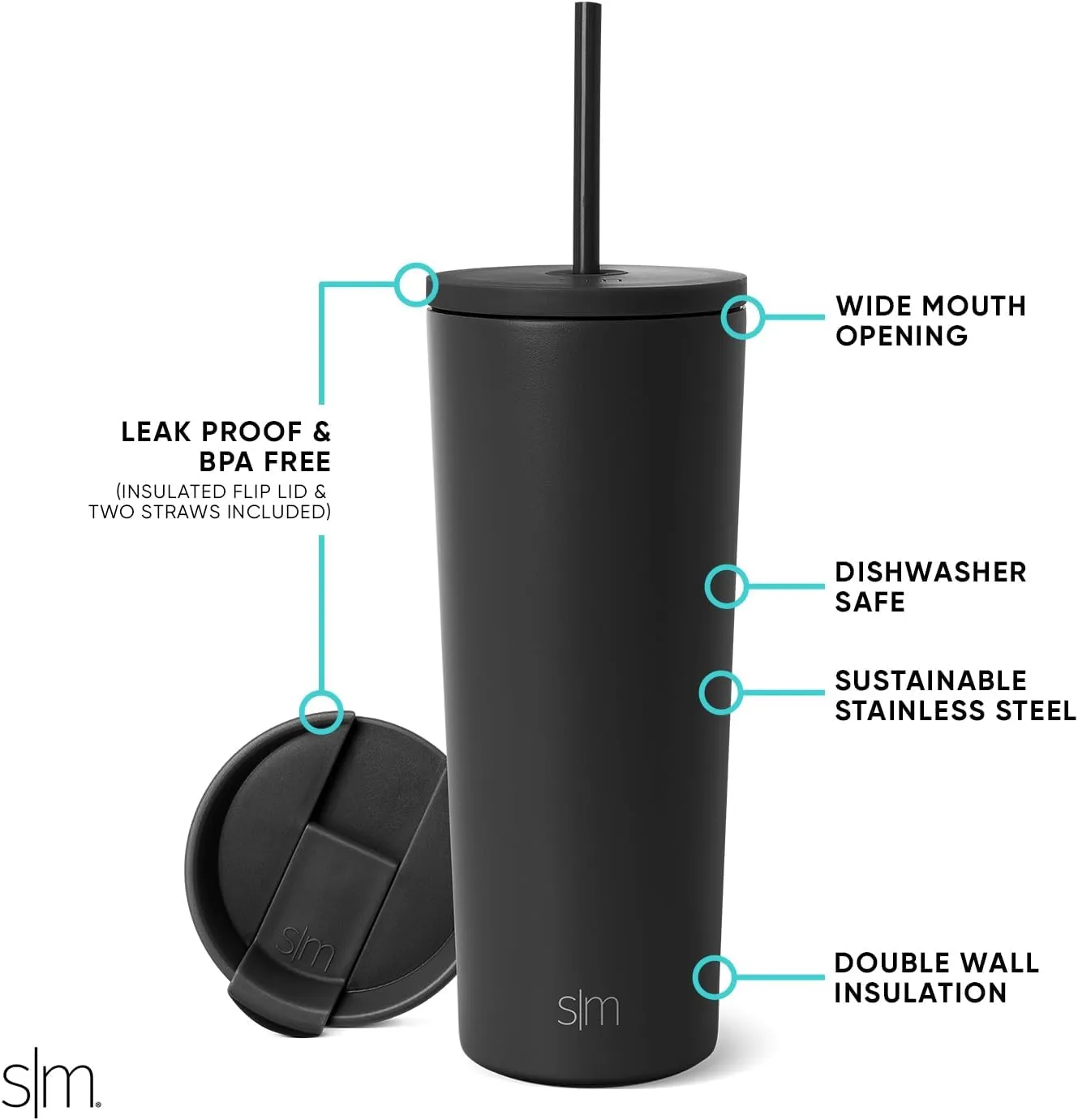 Simple Modern Insulated Tumbler with Lid and Straw | Iced Coffee Cup Reusable Stainless Steel Water Bottle Travel Mug | Gifts for Women Men Her Him | Classic Collection | 24oz | Midnight Black