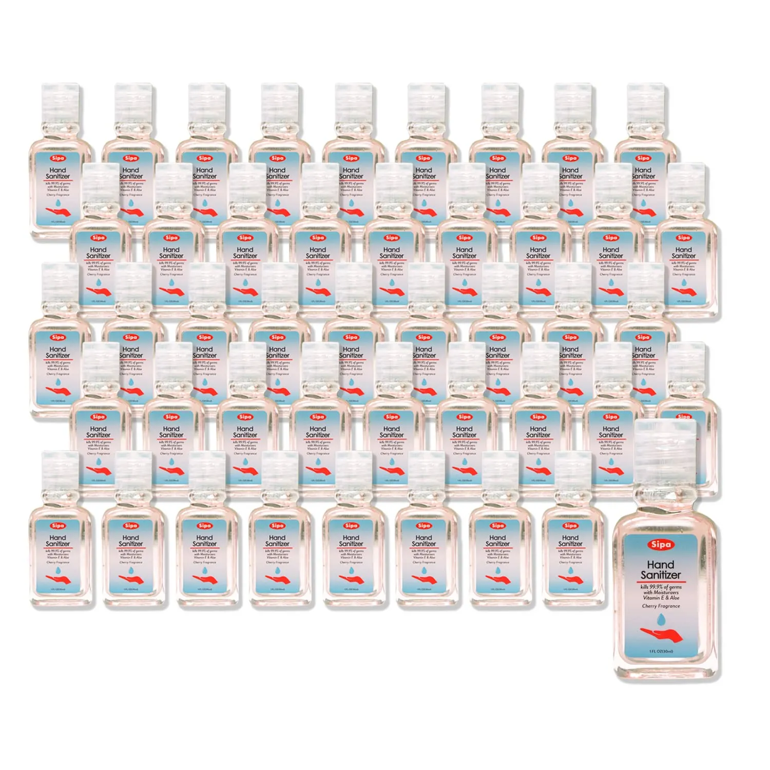 SIPA Bulk Cherry Scent Hand Sanitizer Travel Size Bundle 1 oz, Cap Bottle, Protect Against Germs with Vitamin E Formula, with 2 Free Keychain Holder (Pack of 48)