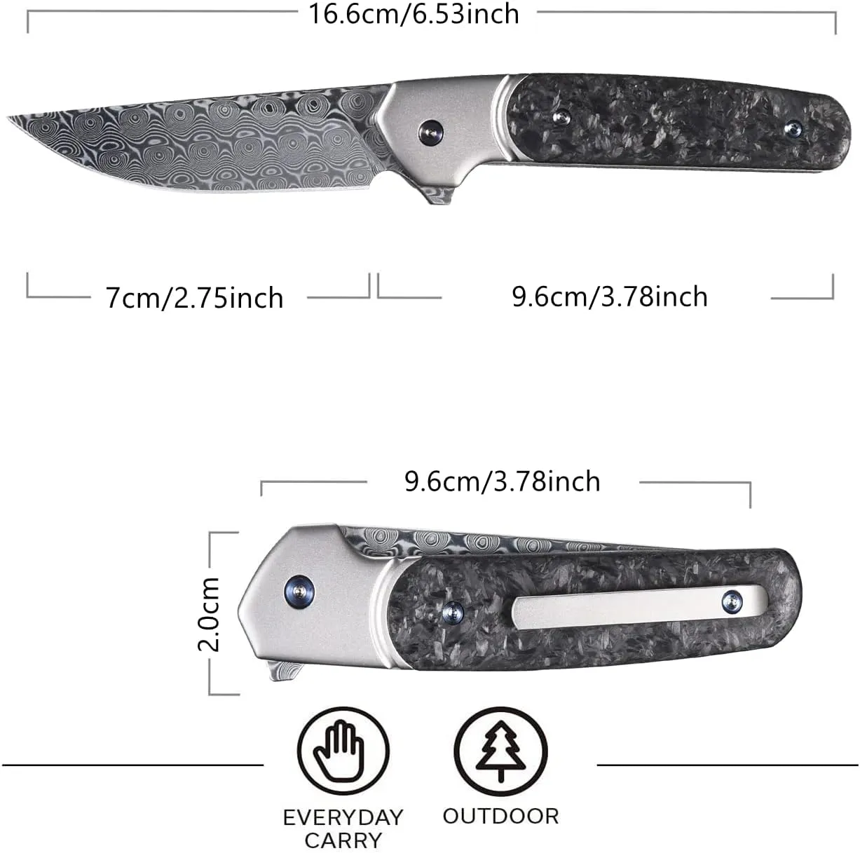 Sitivien ST252 Damascus Steel Folding Knife,Damascus Blade,Titanium Carbon Fiber Handle EDC Knife for Outdoor Camping Hiking(Gray) …