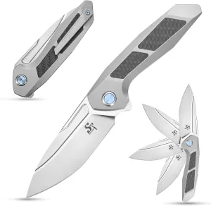Sitivien ST996 Folding Knife,Handmade M390 Pearlescent Polishing Blade,Titanium & Carbon Fiber Handle Pocket Knife for Outdoor Camping,Hiking,Hunting(Gray)