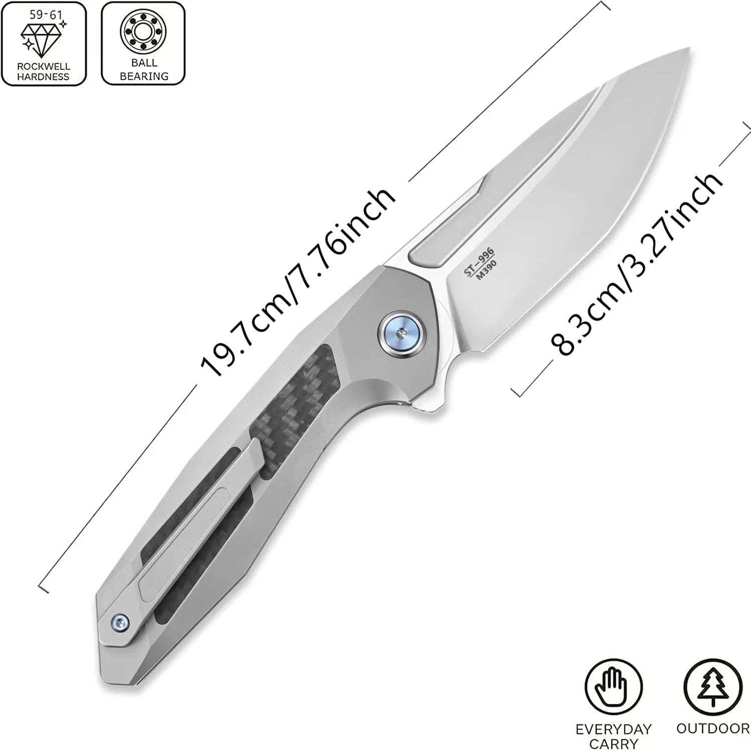 Sitivien ST996 Folding Knife,Handmade M390 Pearlescent Polishing Blade,Titanium & Carbon Fiber Handle Pocket Knife for Outdoor Camping,Hiking,Hunting(Gray)