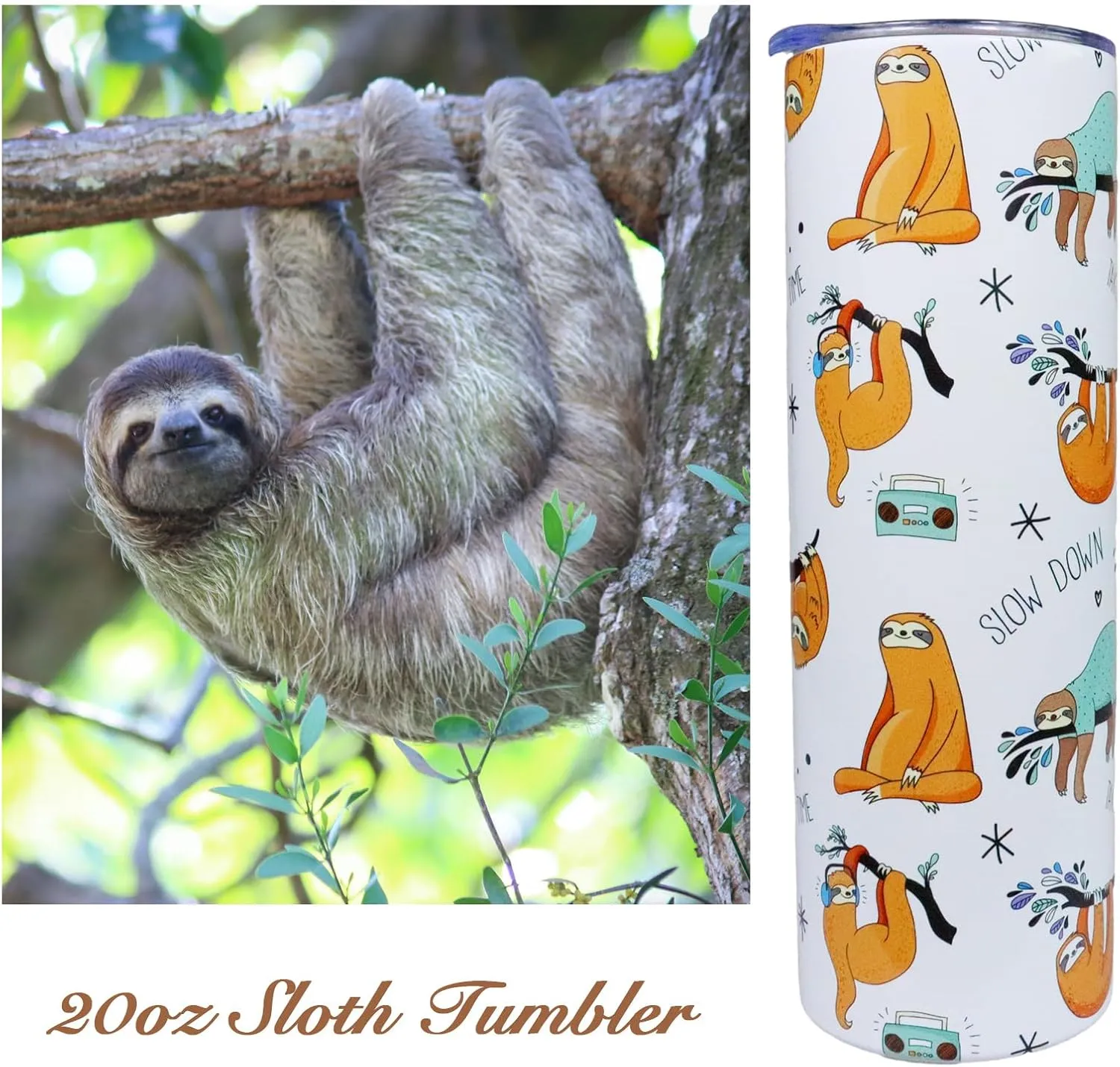 Sloth Tumbler - 20oz Insulated Stainless Steel Sloth Skinny Tumbler With Lid and Straw - Perfect for Women, Travel, or Gifts
