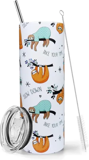 Sloth Tumbler - 20oz Insulated Stainless Steel Sloth Skinny Tumbler With Lid and Straw - Perfect for Women, Travel, or Gifts