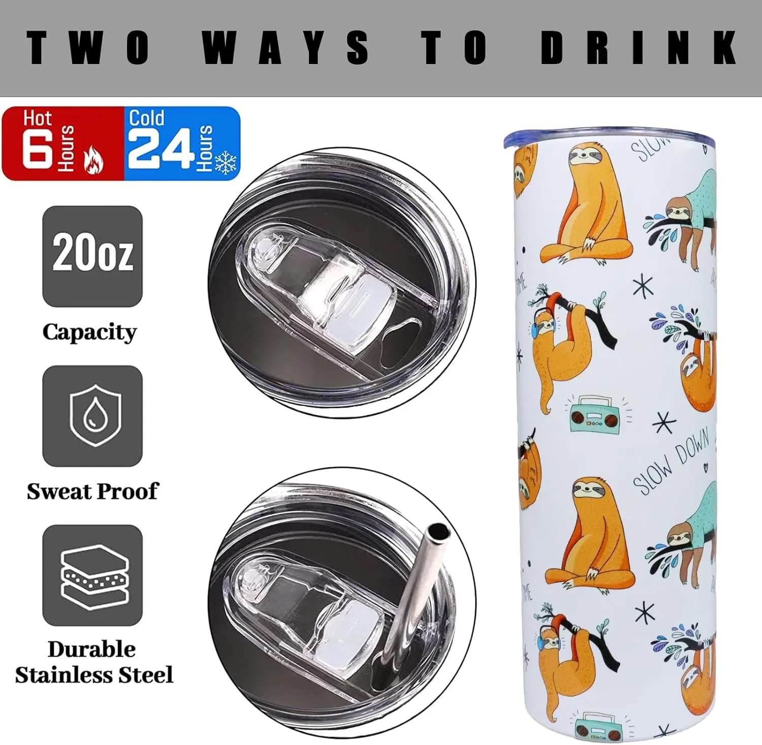 Sloth Tumbler - 20oz Insulated Stainless Steel Sloth Skinny Tumbler With Lid and Straw - Perfect for Women, Travel, or Gifts