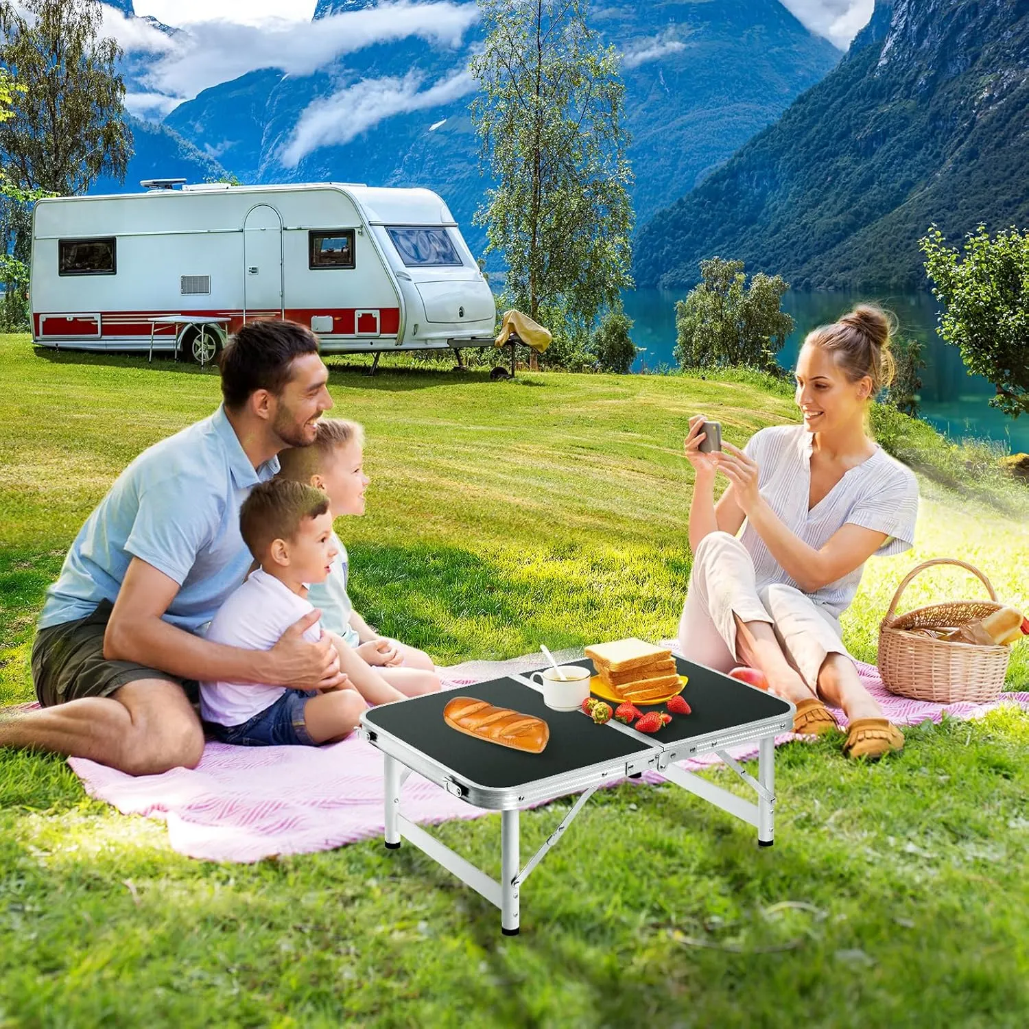 Small Folding Table 2FT Foldable Camping Table Portable Picnic Table Aluminum 2 Height Adjustable Outdoor Beach Card Black 23.6×15.7 inch
