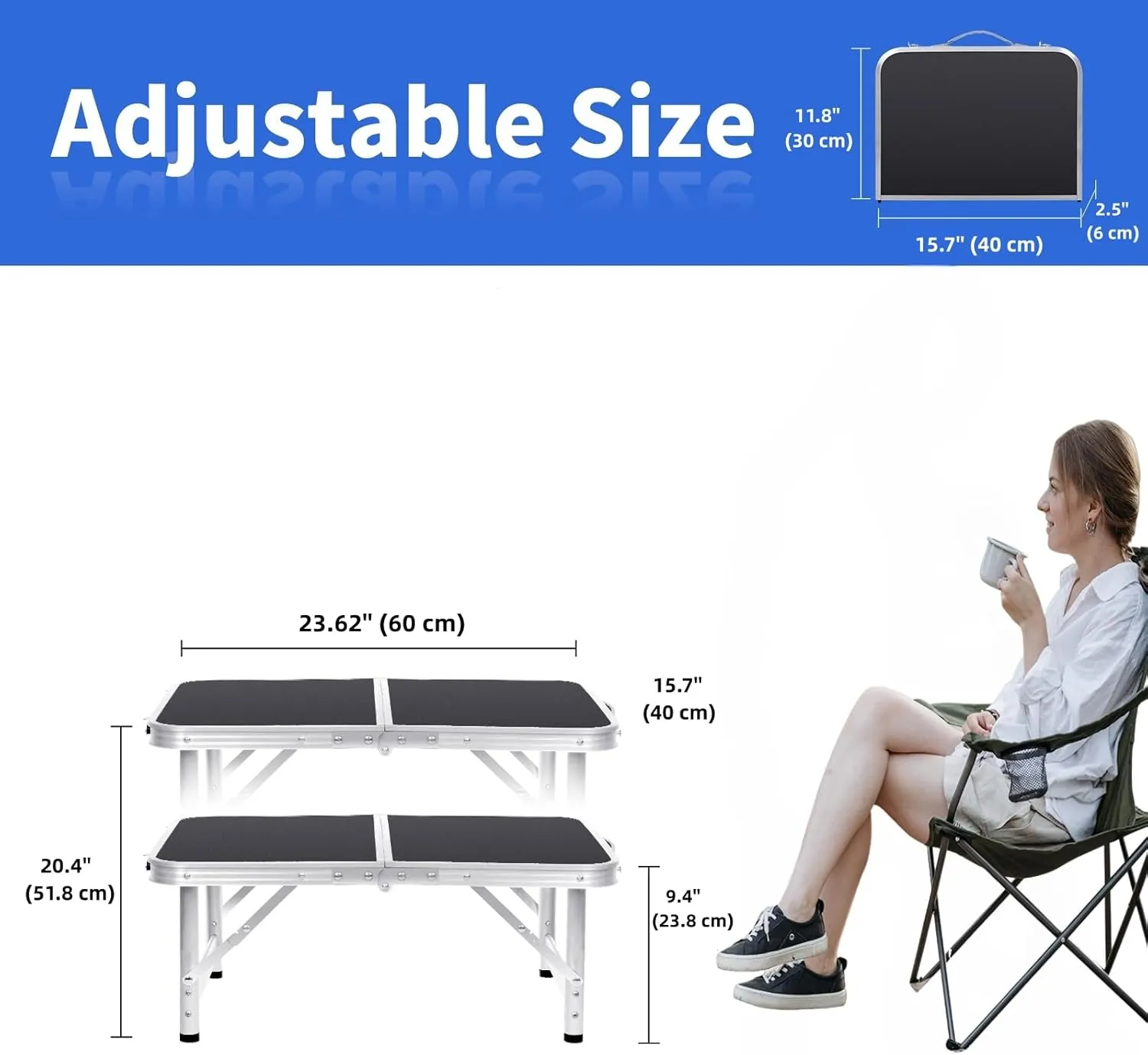 Small Folding Table 2FT Foldable Camping Table Portable Picnic Table Aluminum 2 Height Adjustable Outdoor Beach Card Black 23.6×15.7 inch