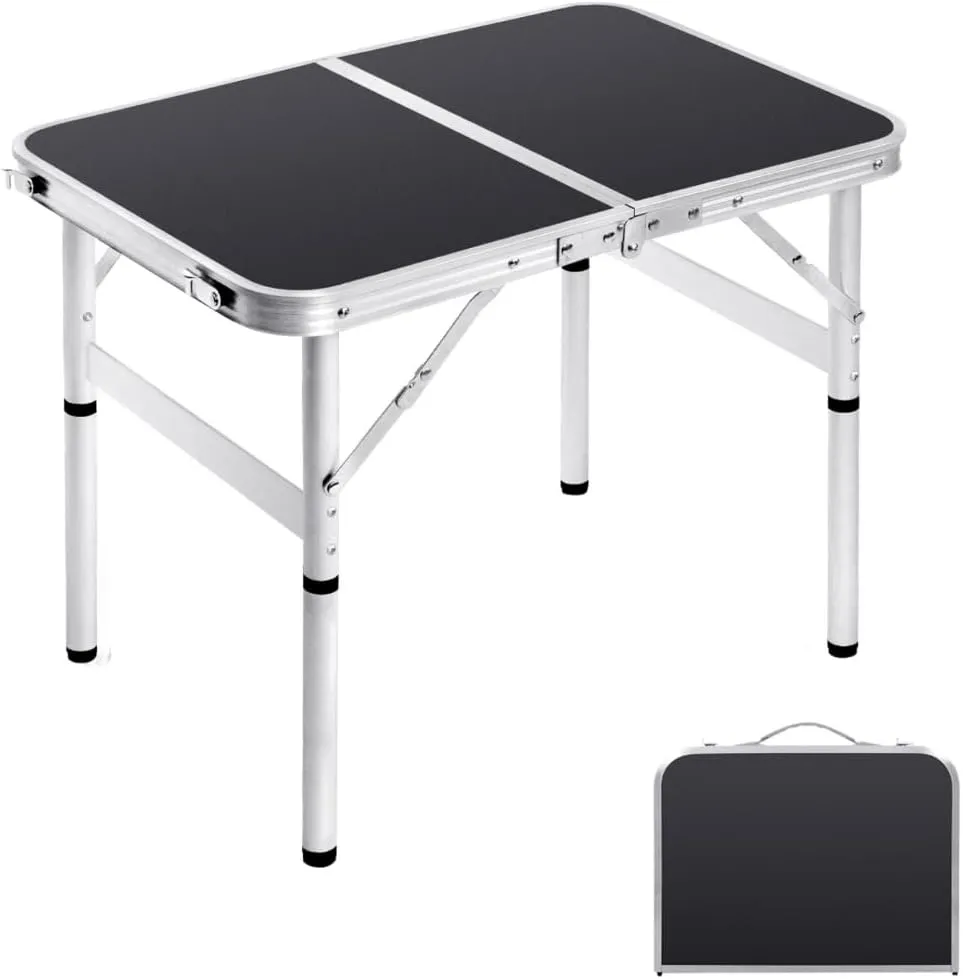 Small Folding Table 2FT Foldable Camping Table Portable Picnic Table Aluminum 2 Height Adjustable Outdoor Beach Card Black 23.6×15.7 inch