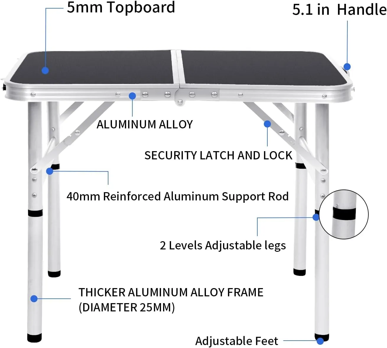 Small Folding Table 2FT Foldable Camping Table Portable Picnic Table Aluminum 2 Height Adjustable Outdoor Beach Card Black 23.6×15.7 inch