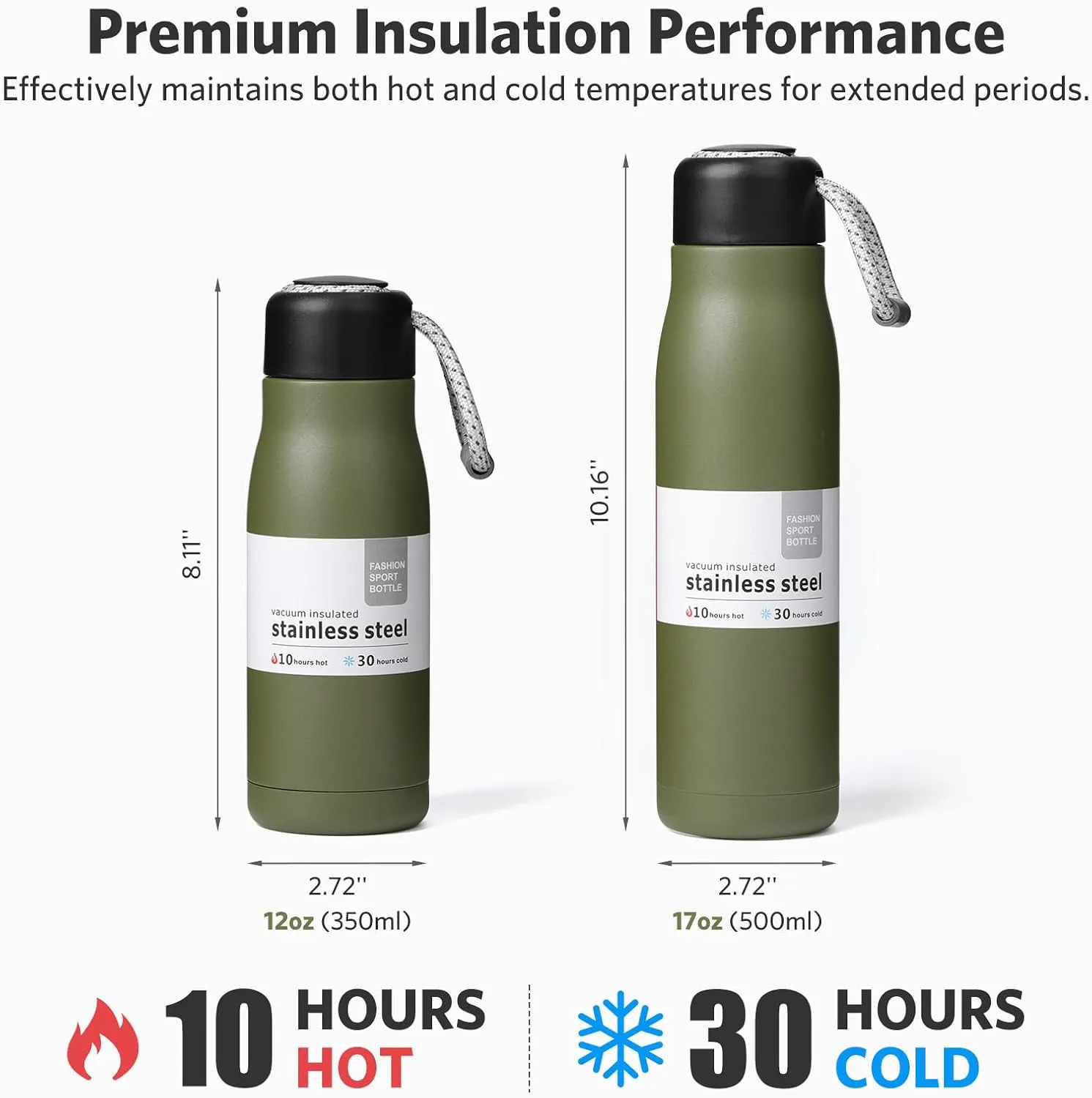 Small Water Bottle, Dusgut Insulated Water Bottle, Stainless Steel, Wide Mouth Portable Lid, 17 oz, Army Green