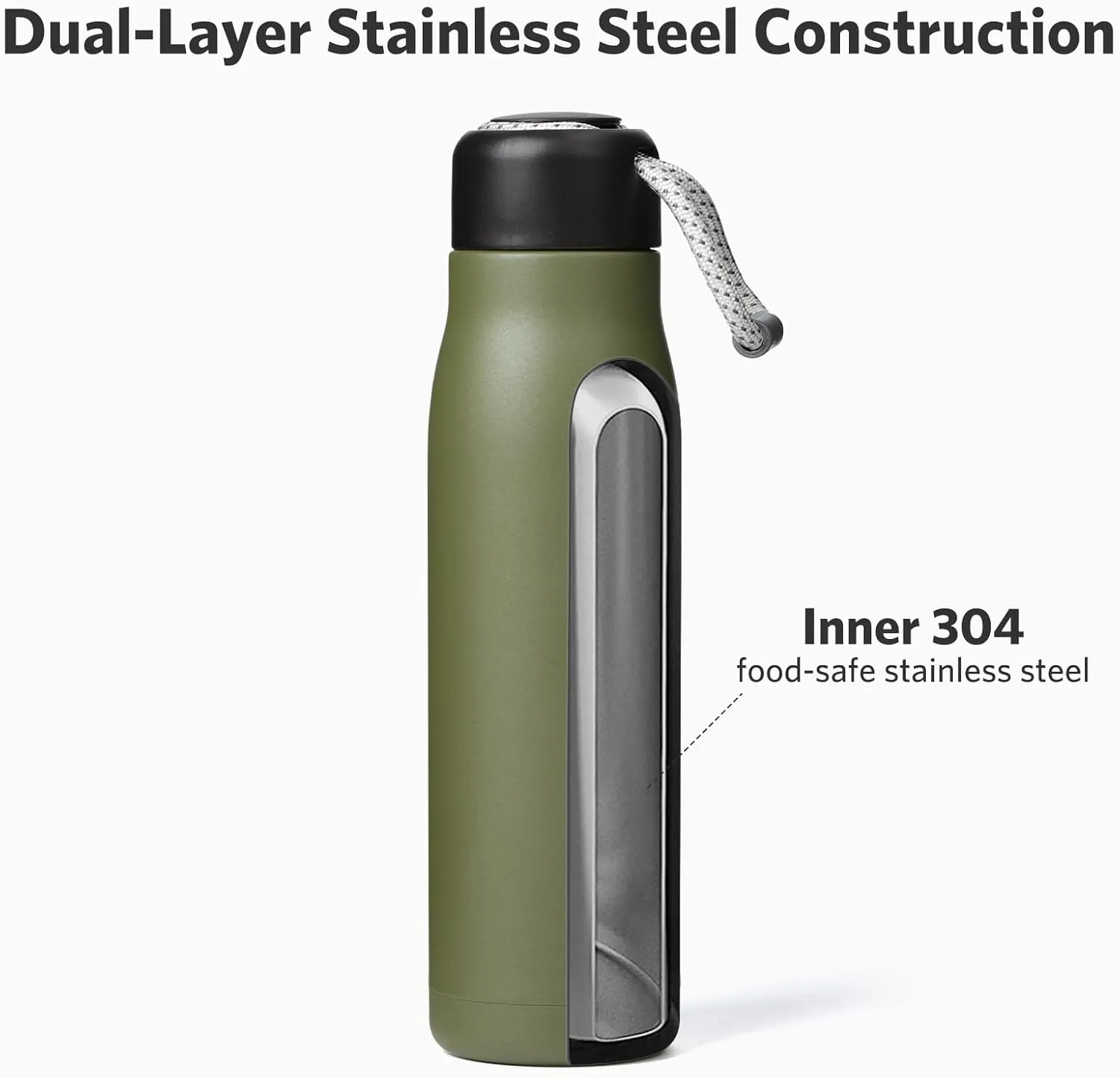 Small Water Bottle, Dusgut Insulated Water Bottle, Stainless Steel, Wide Mouth Portable Lid, 17 oz, Army Green