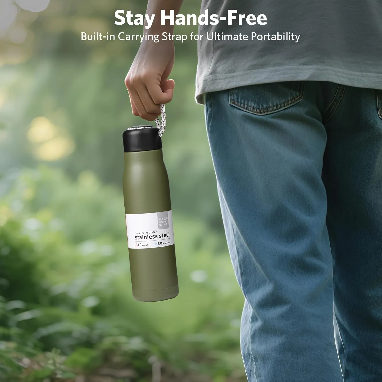 Small Water Bottle, Dusgut Insulated Water Bottle, Stainless Steel, Wide Mouth Portable Lid, 17 oz, Army Green