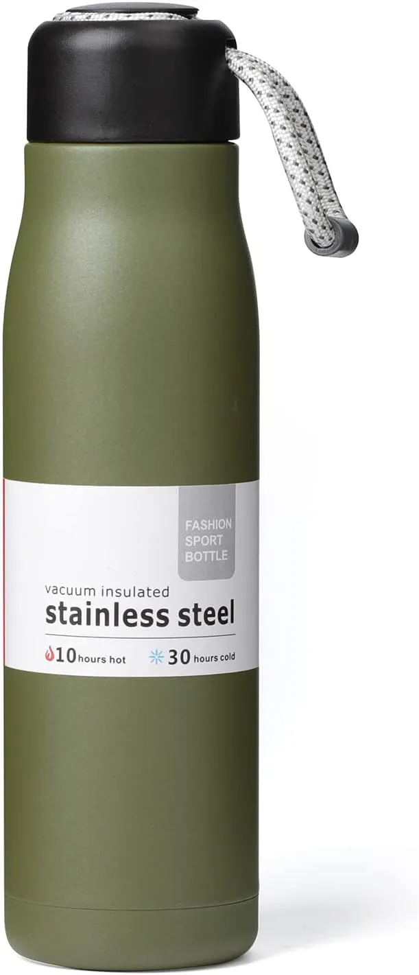 Small Water Bottle, Dusgut Insulated Water Bottle, Stainless Steel, Wide Mouth Portable Lid, 17 oz, Army Green