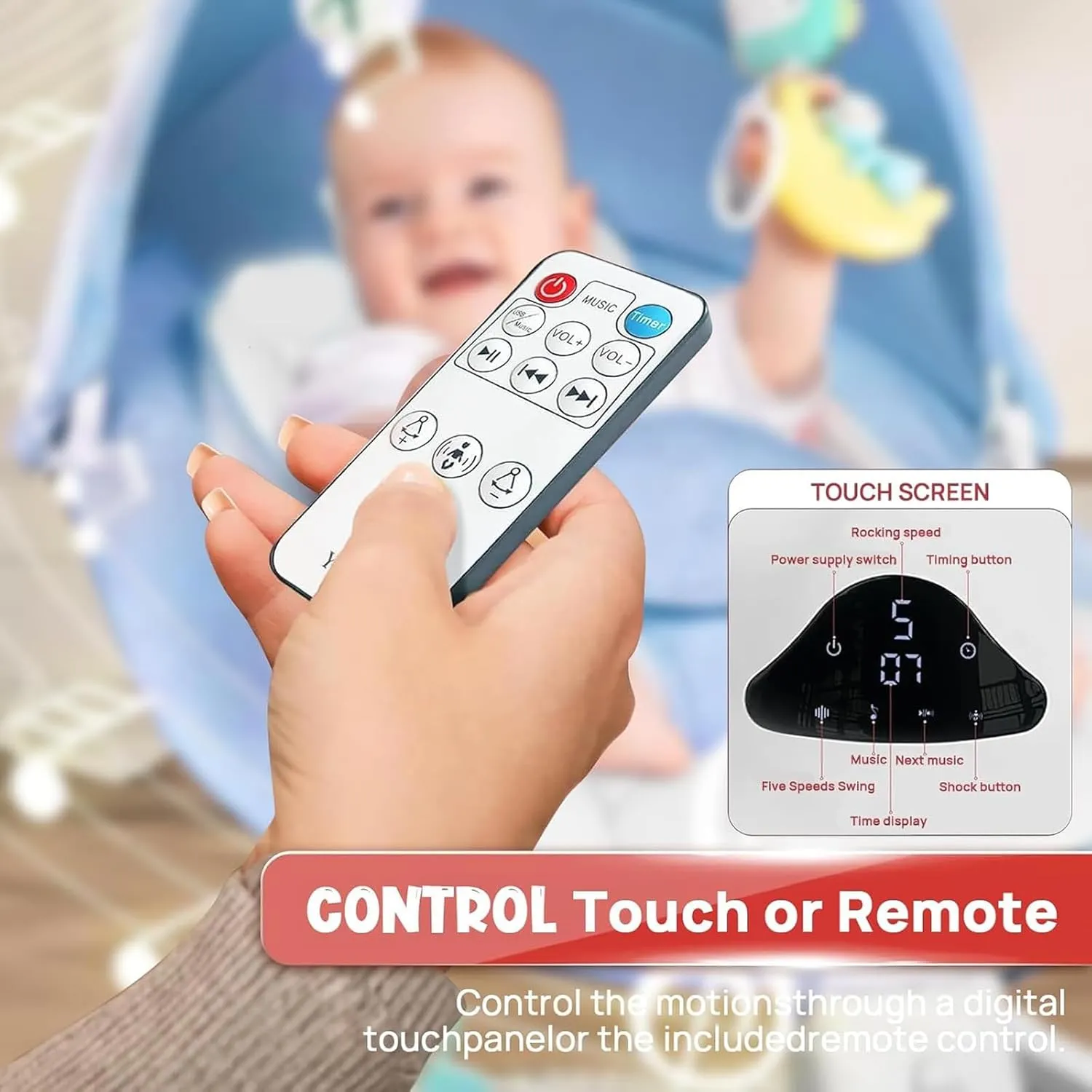 Smart Bluetooth Baby Rocker with Remote Control - 5 Speed Gentle Sway | Portable Infant Swing with Machine-Washable Seat (0-12M, 6-20lbs)
