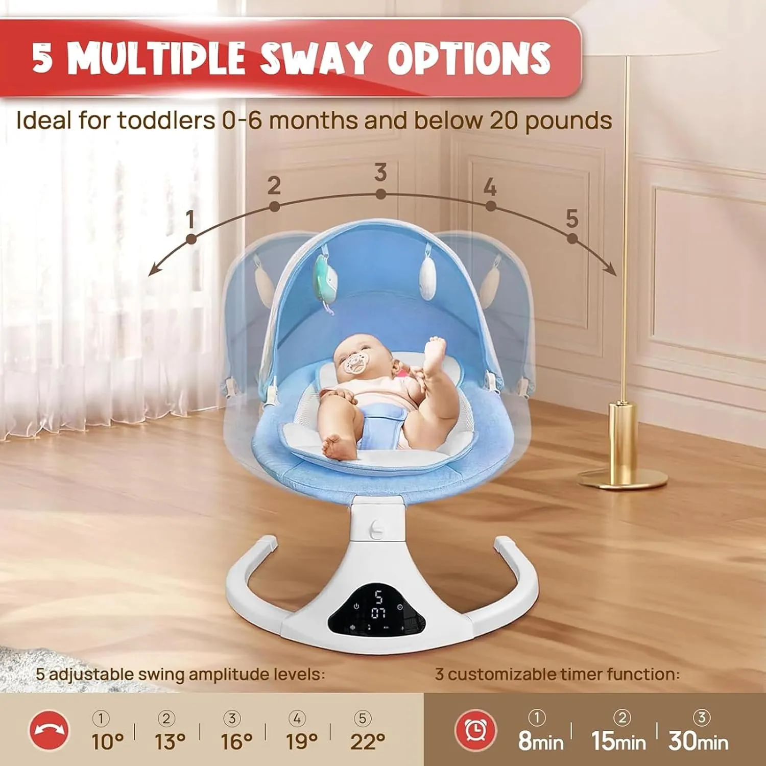 Smart Bluetooth Baby Rocker with Remote Control - 5 Speed Gentle Sway | Portable Infant Swing with Machine-Washable Seat (0-12M, 6-20lbs)