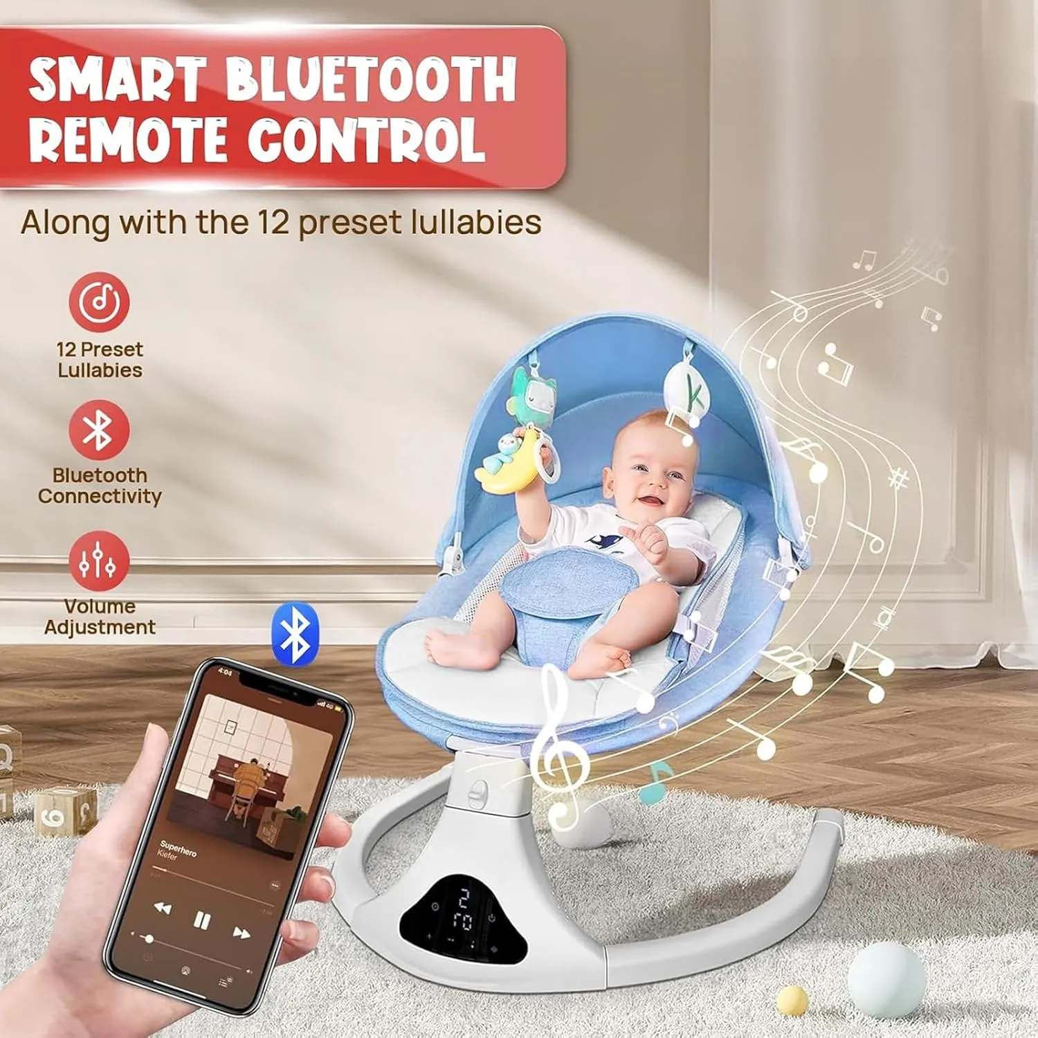 Smart Bluetooth Baby Rocker with Remote Control - 5 Speed Gentle Sway | Portable Infant Swing with Machine-Washable Seat (0-12M, 6-20lbs)