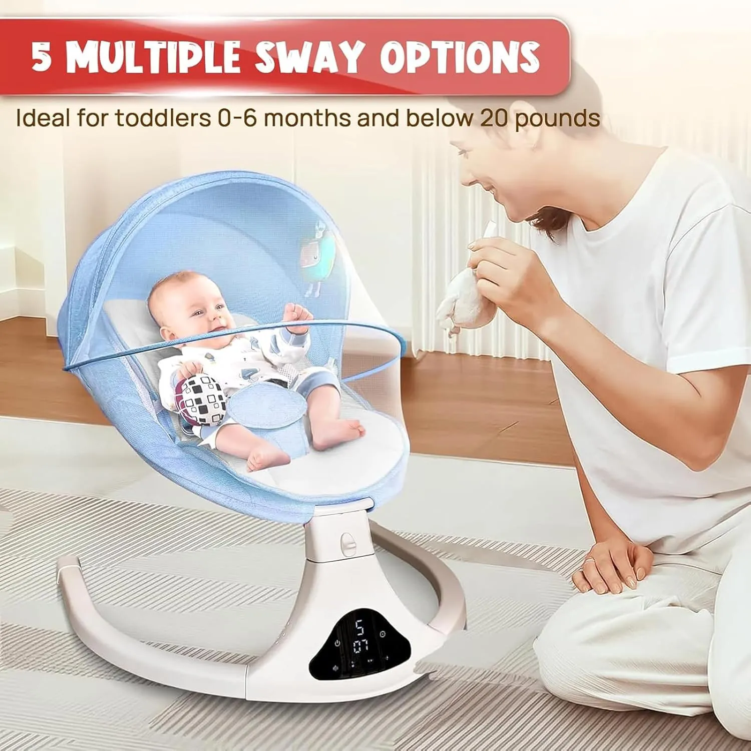 Smart Bluetooth Baby Rocker with Remote Control - 5 Speed Gentle Sway | Portable Infant Swing with Machine-Washable Seat (0-12M, 6-20lbs)
