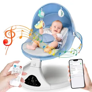 Smart Bluetooth Baby Rocker with Remote Control - 5 Speed Gentle Sway | Portable Infant Swing with Machine-Washable Seat (0-12M, 6-20lbs)