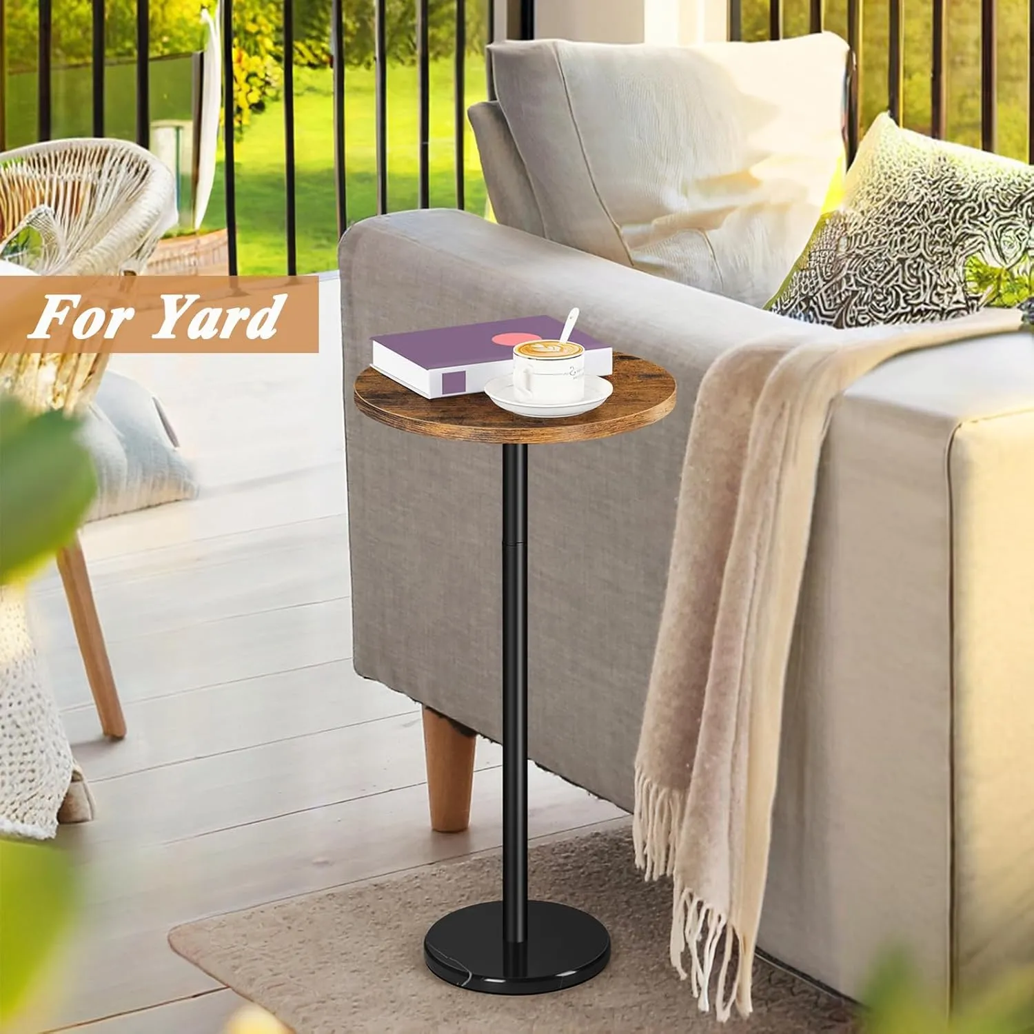 smusei Drink Table Small Side Table with Marble Base Pedestal Side Table Drink Tables for Small Spaces Round End Table Mini Side Table for Sofa Couch Chair Patio, Brown and Black
