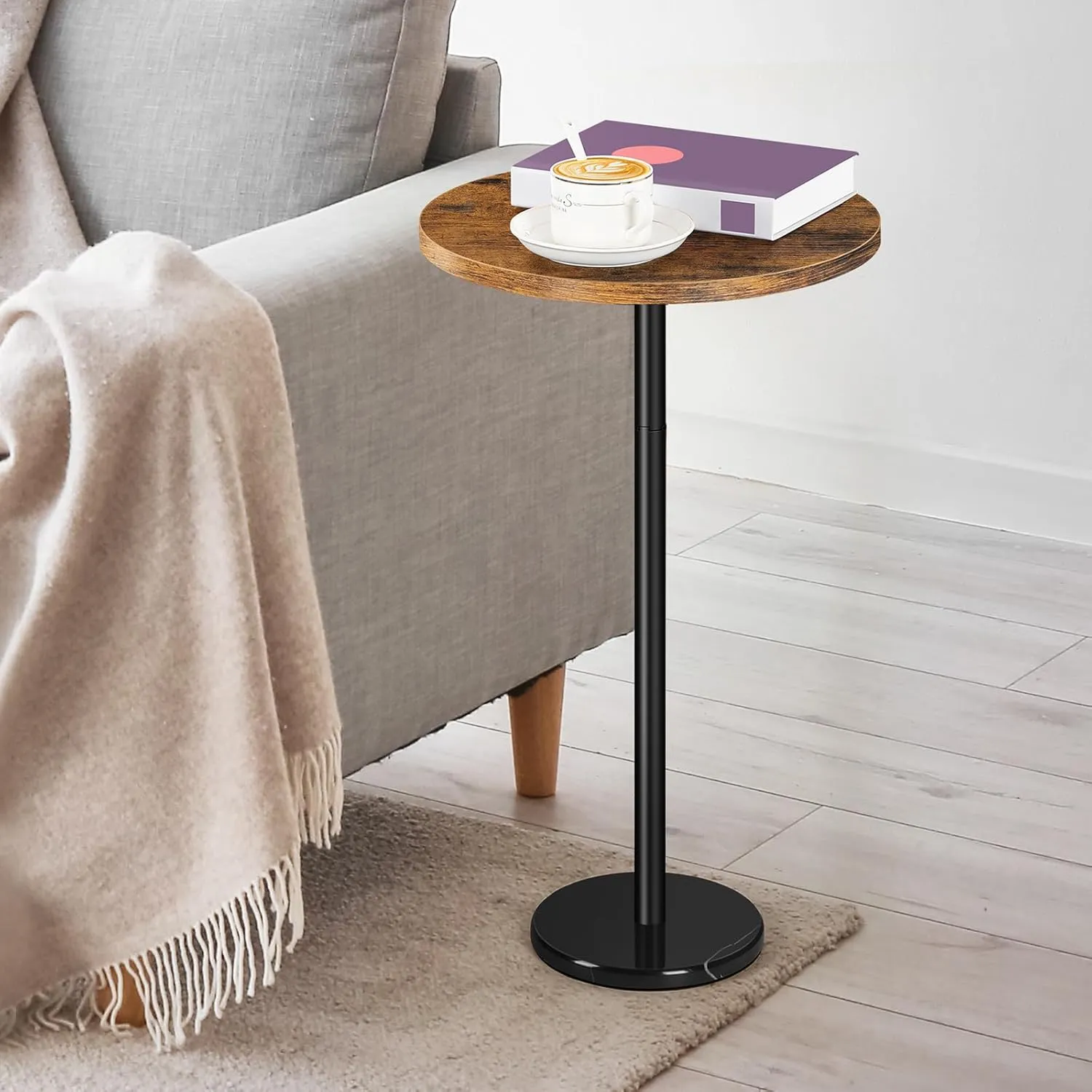 smusei Drink Table Small Side Table with Marble Base Pedestal Side Table Drink Tables for Small Spaces Round End Table Mini Side Table for Sofa Couch Chair Patio, Brown and Black