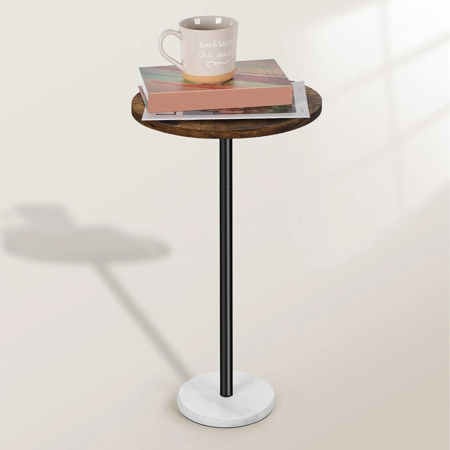 smusei Small Side Table for Small Spaces Round Bar Table with Marble Base Round End Table Drink Table Pedestal for Sofa Couch Chair Patio, Brown