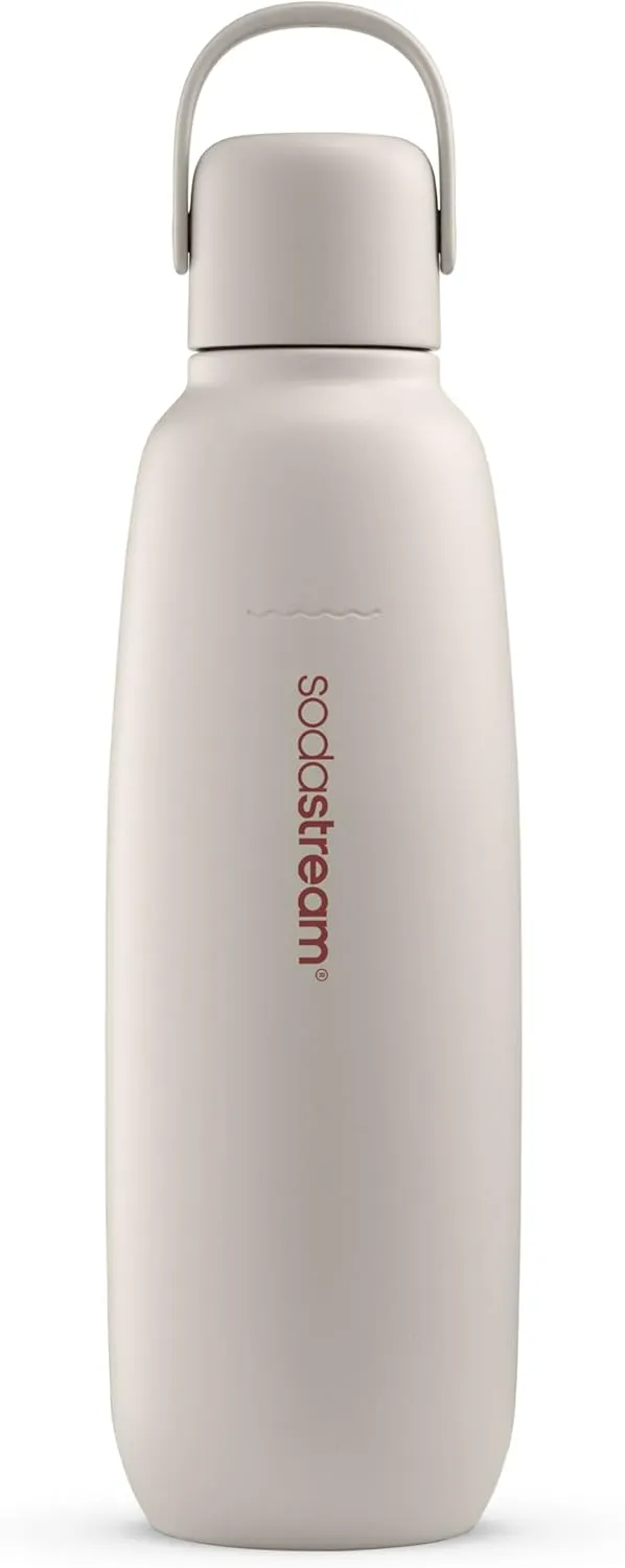SodaStream - Fizz & Go Cool Bottle | Stainless Steel Carbonating Water Bottle | Keeps Drinks Cold 12 Hrs | Cupholder Friendly | Compatible with Pink CO2 cylinder machines | Sand color | 30.4 oz