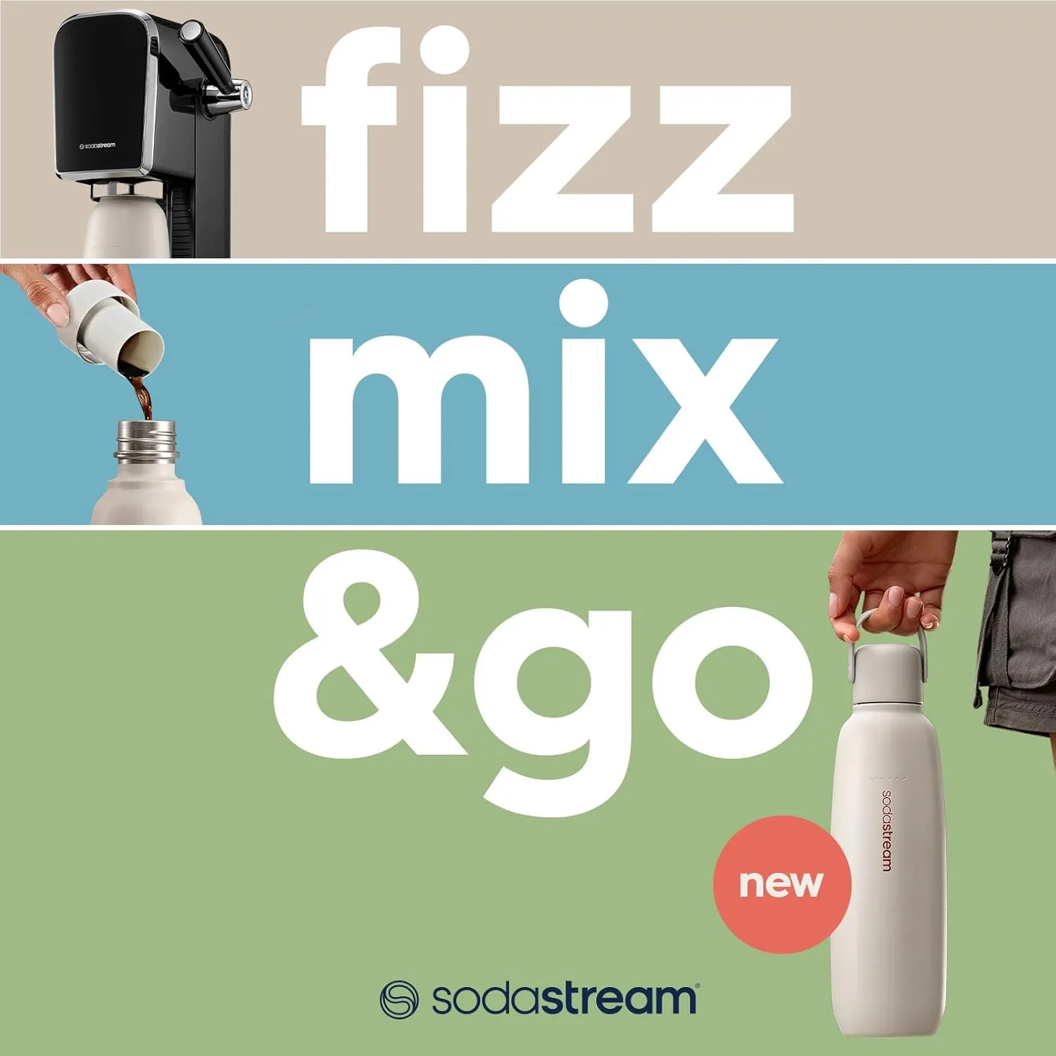 SodaStream - Fizz & Go Cool Bottle | Stainless Steel Carbonating Water Bottle | Keeps Drinks Cold 12 Hrs | Cupholder Friendly | Compatible with Pink CO2 cylinder machines | Sand color | 30.4 oz