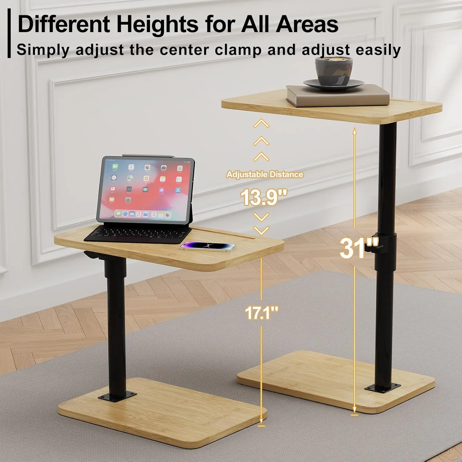 Sofa Armrest Tray Table - 360° Bamboo Swivel TV Trays - Height Adjustable Side Table for Bed or Chair with Phone and Tablet Slots - End Tables for Small Spaces