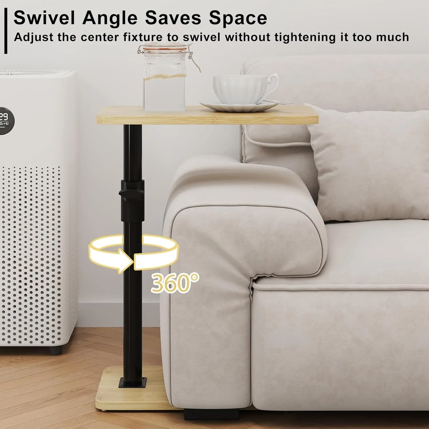 Sofa Armrest Tray Table - 360° Bamboo Swivel TV Trays - Height Adjustable Side Table for Bed or Chair with Phone and Tablet Slots - End Tables for Small Spaces