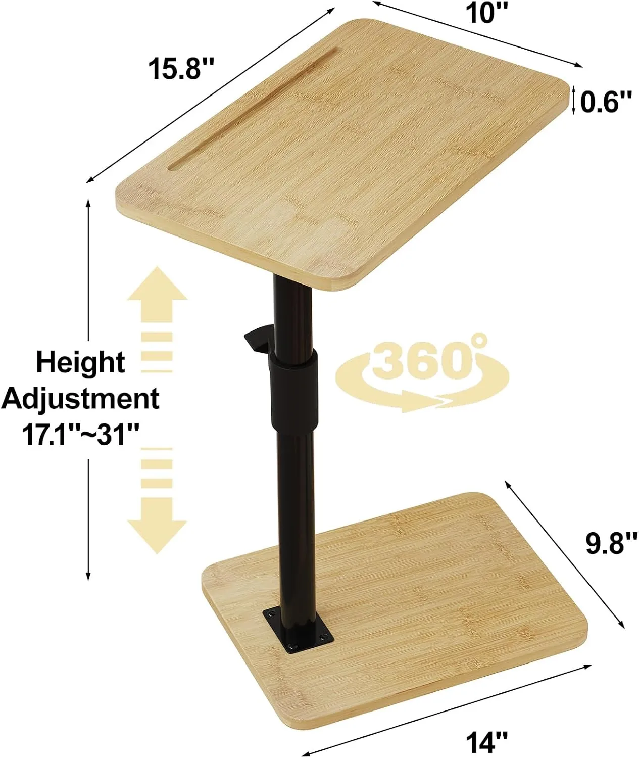 Sofa Armrest Tray Table - 360° Bamboo Swivel TV Trays - Height Adjustable Side Table for Bed or Chair with Phone and Tablet Slots - End Tables for Small Spaces